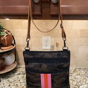 Haute Shore Black Neoprene Crossbody Handbag 12”x13” Pink Stripe Purse